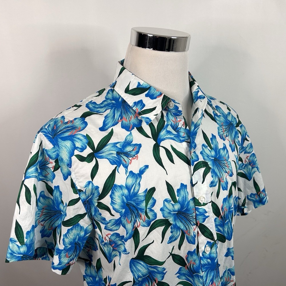 Bonobos XL Tailored Fit Hawaiian Aloha Shirt Blue White Floral Short Sleeve
